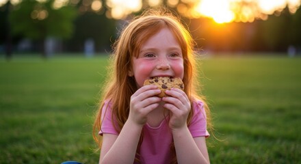 Gleeful girl munches chocolate chip cookie outdoors