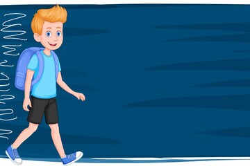 Cartoon student walking to school with a backpack, set against a vibrant blue background. Copy space available, perfect for themes related to education and back to school