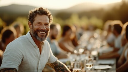 This joyful image captures a smiling man enjoying a beautiful outdoor dining experience during sunset, celebrating the essence of happiness, connection, and good company.