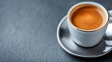 This minimalist image features a perfectly brewed espresso coffee in an elegant white cup, emphasizing the rich colors and textures that highlight caffeine's allure.