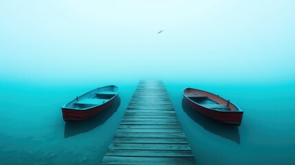 Naklejka premium Two red boats are moored at a foggy lake pier, surrounded by serene waters. The scene captures tranquil beauty and the peaceful atmosphere of nature shrouded in mist.
