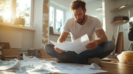 A focused man sits amidst a sea of blueprints, analyzing plans and designs, showcasing the dedication and creative process involved in architectural and construction projects.