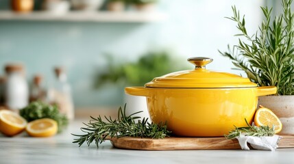 A glossy yellow pot sits gracefully on a kitchen counter, accompanied by fresh herbs and lemons, presenting a vibrant culinary scene that evokes ideas of cooking and freshness.