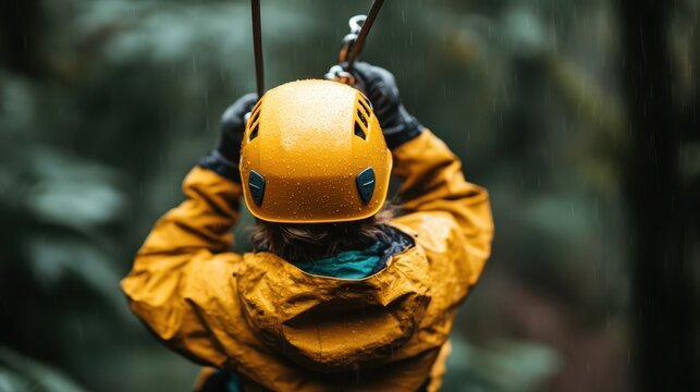 A person in a bright yellow helmet prepares for an adventure in a lush green forest during a rain shower. This photo emphasizes the thrill of outdoor activities and resilience.