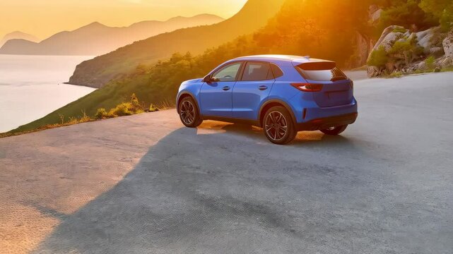 Bright blue crossover vehicle parked on a scenic overlook with ocean views and distant mountains at sunset, showcasing modern design and travel.