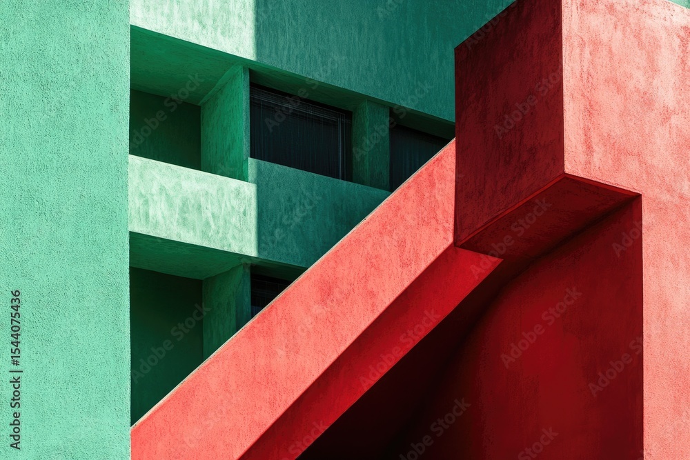 Poster Abstract architectural image featuring contrasting teal and red concrete structures with geometric lines and shadows