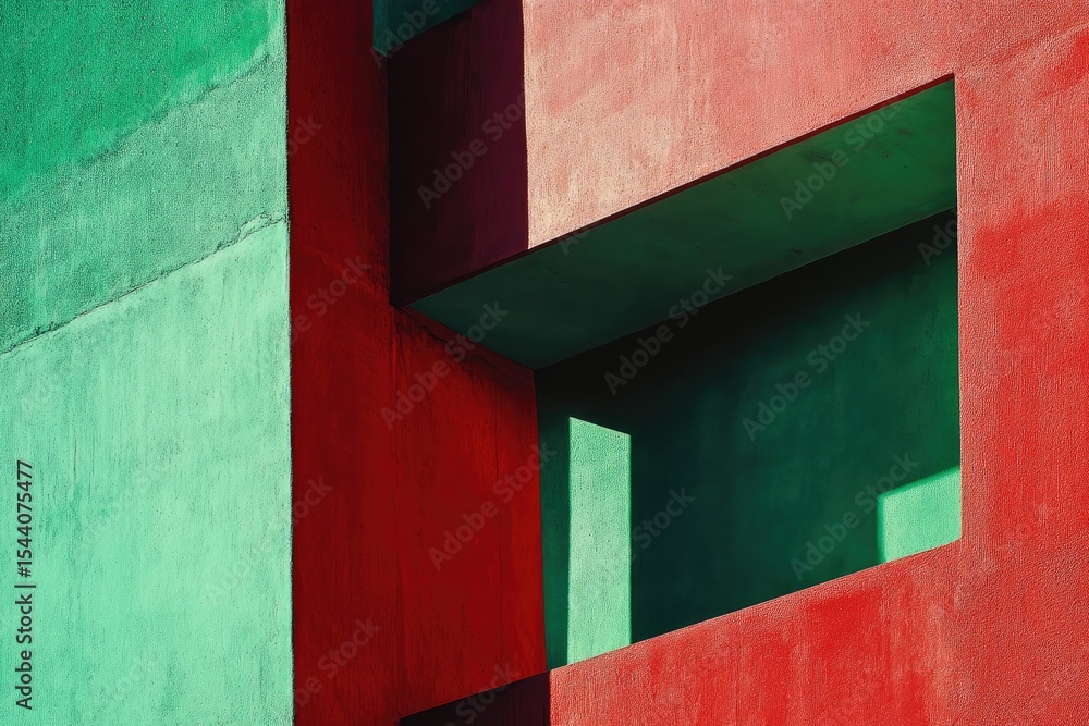 Aufkleber abstract architectural detail showcasing vibrant red and green concrete panels, featuring recessed r