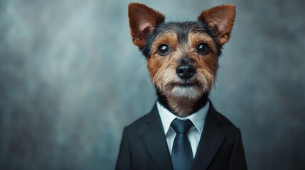 A charming dog dressed in a suit and tie, combining humor and sophistication in a delightful portrait showcasing the playful side of pet fashion.