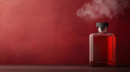 This striking image showcases a sleek glass bottle against a deep red backdrop, with wisps of mist rising, creating an elegant and mysterious atmosphere reminiscent of luxury.