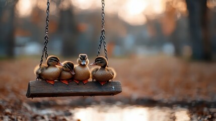 Five adorable ducklings sit snugly together on a swing, surrounded by autumn foliage and softly glowing light, capturing a moment of warmth and innocence in nature.