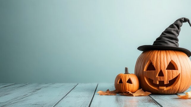 Two charming pumpkins, one adorned with a whimsical hat, radiate the playful spirit of Halloween, inviting celebration and creativity during the festive autumn season.