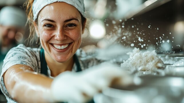 A cheerful young chef enthusiastically scrubbing pots in a bustling kitchen, capturing the essence of joy and hard work in a vibrant culinary setting filled with energy.