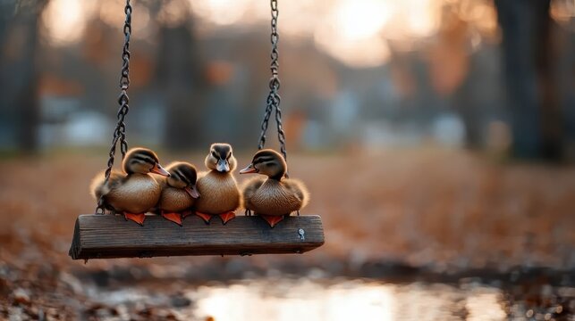 Five adorable ducklings sit snugly together on a swing, surrounded by autumn foliage and softly glowing light, capturing a moment of warmth and innocence in nature.