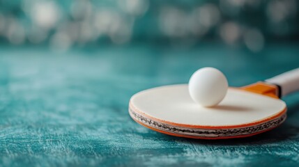 A close-up of a table tennis paddle and ball resting on a smooth surface, highlighting the dynamics of sports, precision, and playful competition in a vibrant setup.