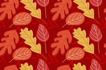 Falling leaves background. Seamless pattern with Autumn leaves in orange, red colors. Vector illustration in doodle style. Repeated background for wallpaper, wrapping, packing, textile, scrapbooking.