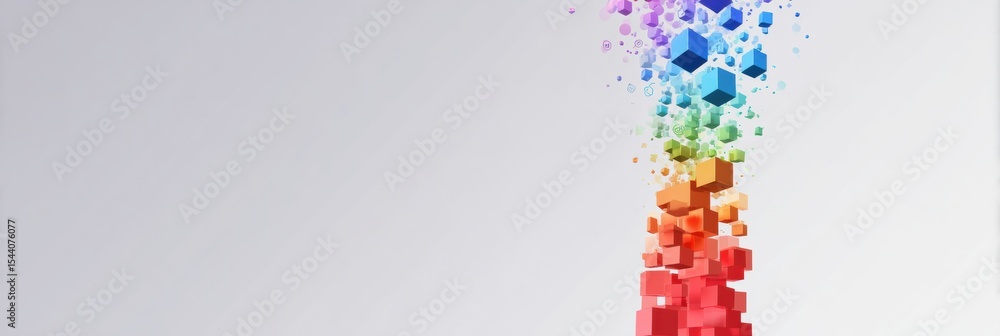 Poster Collapsing Tower of Mental Load Icons Creates a Vibrant Cascade in a Clean, Minimalistic Space