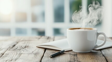 A serene image of a steaming cup of coffee placed alongside a pen and an open notebook, evoking warmth and a sense of calm, perfect for moments of reflection or inspiration.