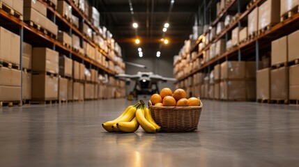 A basket filled with bright bananas and oranges on the warehouse floor, symbolizing the freshness and abundance of nature in a commercial setting for food supplies.