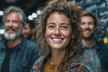 A diverse team of professionals brainstorming together, with a woman with long hair smiling at the camera. They are collaborating and sharing ideas in a modern office setting.