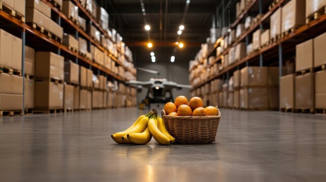 A basket filled with bright bananas and oranges on the warehouse floor, symbolizing the freshness and abundance of nature in a commercial setting for food supplies.