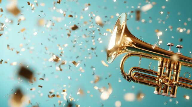 A brass trumpet shines brightly, surrounded by flying confetti, embodying the celebratory spirit of music and joyous occasions that encourage connection and happiness.