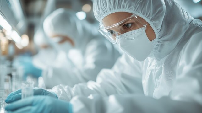 Scientists dressed in protective lab gear are engaged in a delicate experiment, highlighting the importance of safety, innovation, and dedication to scientific advancement and discovery.
