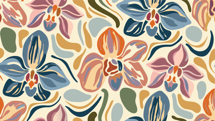 A colorful floral pattern featuring abstract orchids and organic shapes on a light background design art © CREATIVE CRUSADER