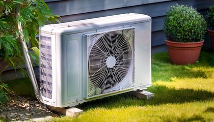 air source heat pump hvac system installed on residential building backyard close up detail