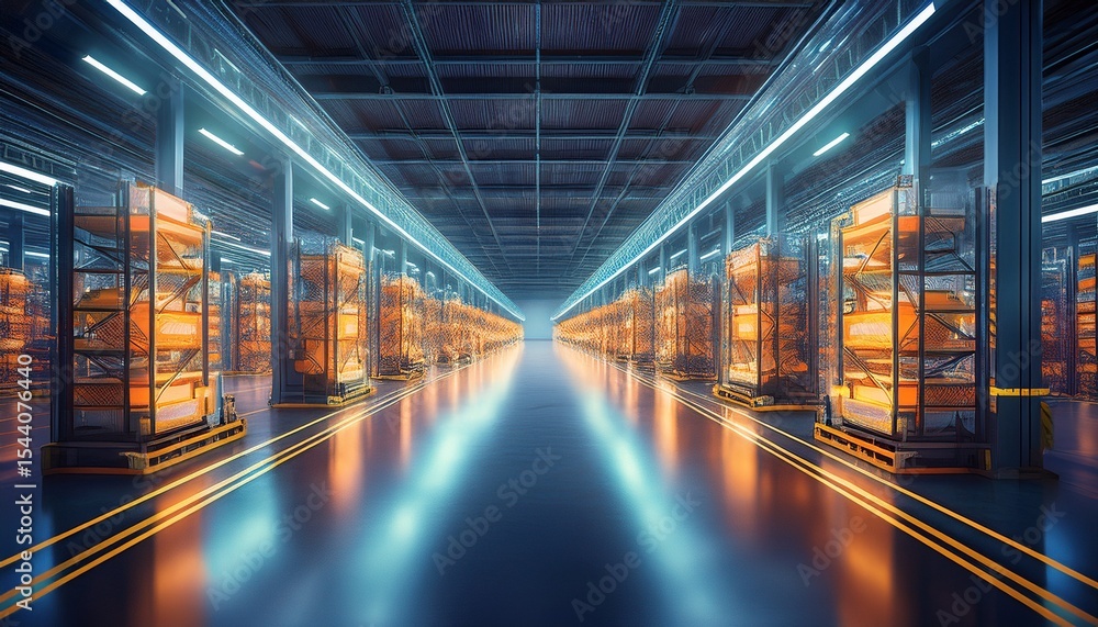 Poster automated warehouse panoramic view showcasing smart technology and design for efficient storage solu