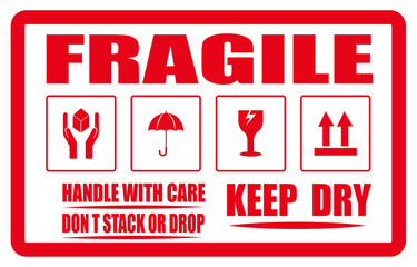 Fragile warning label for safe packaging. Red fragile sticker with caution iconsA red and white fragile sticker with care instructions and handling symbols for shipping packages