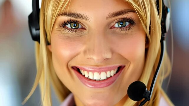 Smiling Professional: Portrait of a radiant, blonde-haired person, headset in place, exudes warmth and professional charm, highlighting a service-oriented role.