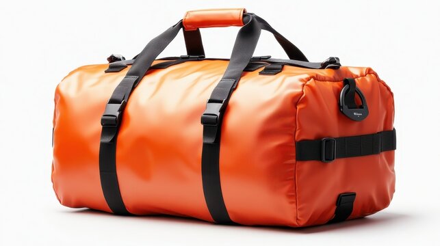 A vibrant orange duffle bag with sturdy straps sits prominently against a clean white background, showcasing both functional design and modern aesthetics for travel enthusiasts.