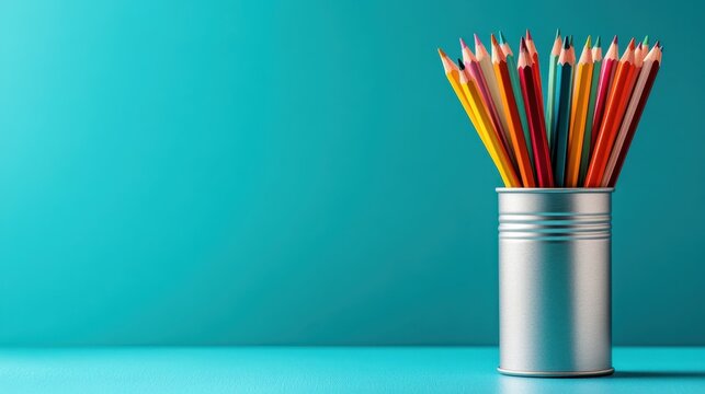 A vibrant assortment of colored pencils arranged in a sleek holder, perfect for showcasing creativity and the joys of artistic expression in a stylish and modern way.