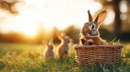 A cute rabbit peeks out from a wicker basket, surrounded by other bunnies in a lush green field at sunset, capturing a moment of serenity and warmth in nature.