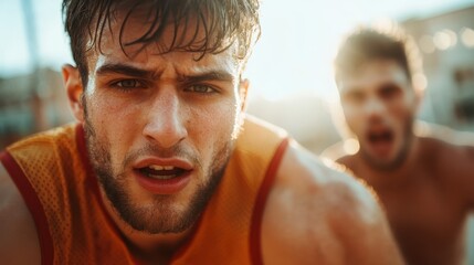 A young male athlete intensely focuses while training outdoors, sweat glistening on his face, showcasing determination, drive, and the spirit of competition in sports.