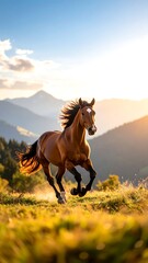 Obraz premium Chestnut horse runs mountain sunset.