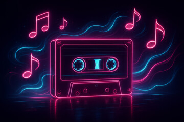 Fototapeta premium Retro Cassette Tape Neon Glow 80s Synthwave Music Vibes and Vintage Audio Nostalgia