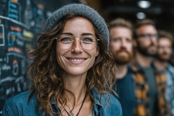 A professional woman wearing glasses and a stylish hat smiling warmly. She is likely part of a diverse team brainstorming together.
