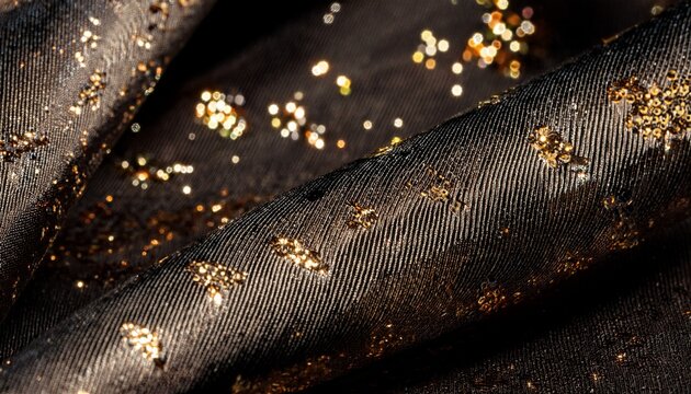 close up backlit fabric crumpled cloth ribbon macro shot and glitter polyester nylon fiber dark black tone