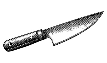 Chef's knife woodblock style illustration black and white for cooking