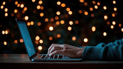 A close-up of hands typing on a laptop, illuminated by soft bokeh lights, symbolizing creativity, productivity, and the connection between technology and human expression.