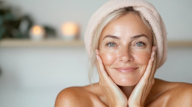 A smiling woman with a soft towel on her head enjoys a moment of self-care in a minimalistic setting, radiating beauty and confidence amidst a peaceful atmosphere.
