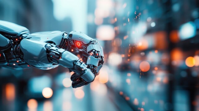 A sleek robotic arm reaching towards a digital landscape, showcasing the fusion of technology with urban life in a breathtaking futuristic environment.