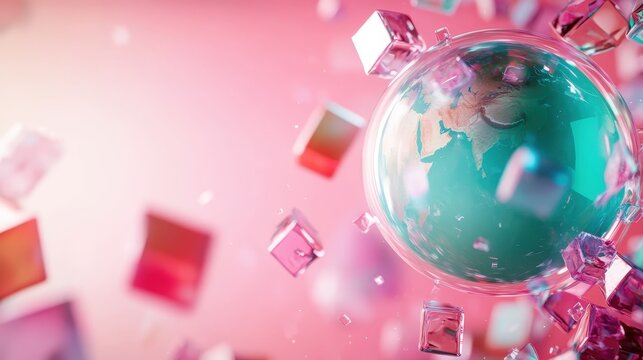 An artistic depiction of a globe enveloped by vibrant, colorful shapes, symbolizing global unity, creativity, and the interconnectedness of cultures and ideas.