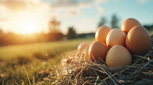 A collection of fresh eggs rests gently in a cozy nest of hay under a warm sunset glow, representing abundance and the simple pleasures of farm life and nature’s gifts.