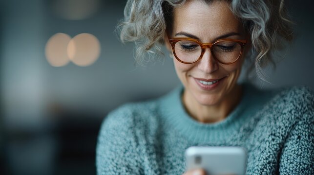 A joyful woman in a cozy sweater smiles as she interacts with her smartphone, conveying a sense of connection and engagement in her digital world. - Powered by Adobe