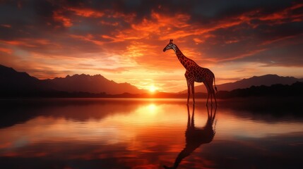 A captivating silhouette of a giraffe standing majestically by the water during sunset, creating a serene and breathtaking moment that embodies the beauty of nature and wildlife.