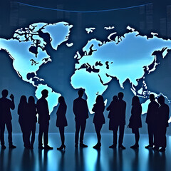 Silhouetted figures stand before a glowing world map against a dark blue background in a modern setting