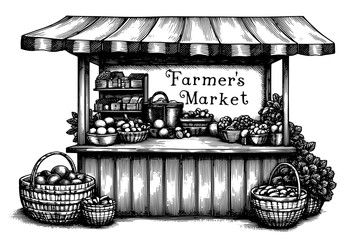 Farmer's market stand in a woodblock print style in black and white