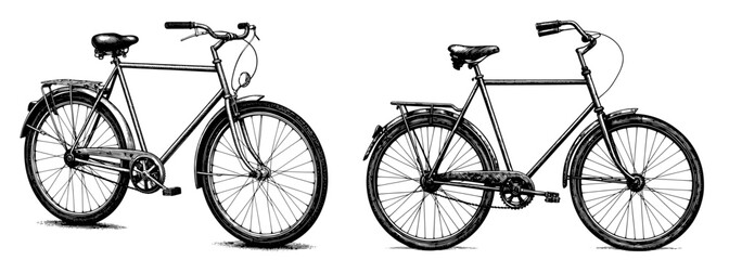 Vintage bicycles in a technical drawing style in black and white